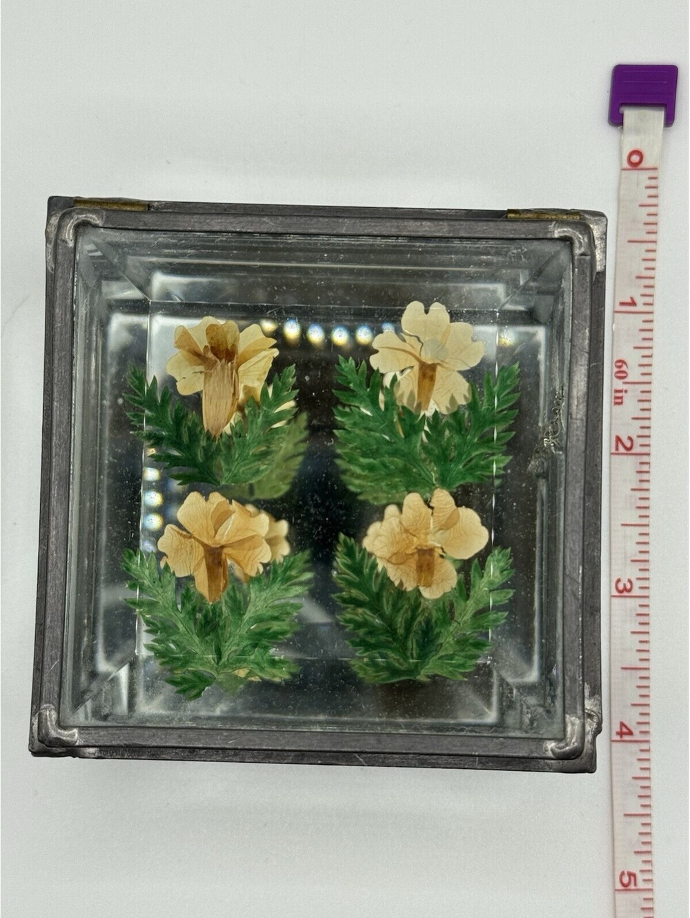 Vintage Glass And Metal Tinket Box - Yellow Flowers